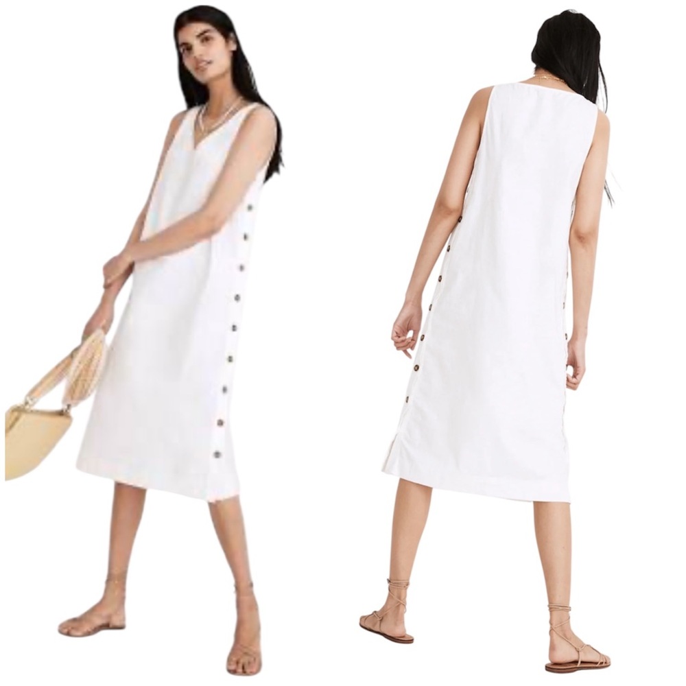 Madewell White Linen Cotton Side Button V-Neck Midi Dress Small